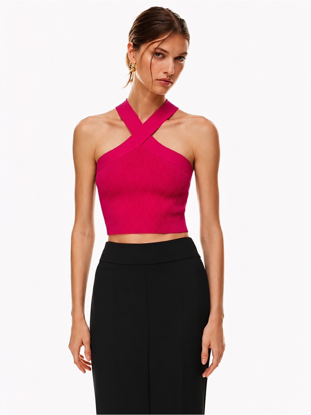 Aritzia Babaton Pink Sculpt Knit criss Cross Top ribbed tank size S